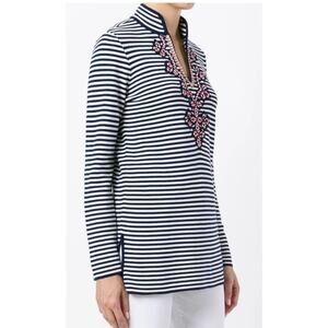 Tory Burch Women's L/S Katana Rope Top Navy Blue White Striped M, Worn Once